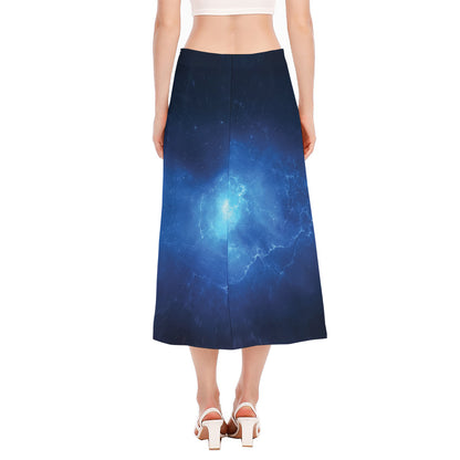 Light Blue Space Print Side Slit Midi Skirt