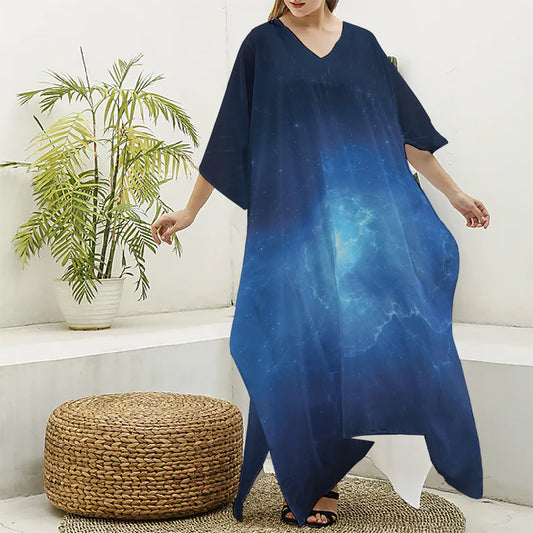 Light Blue Space Print Silk V-Neck Kaftan Dress