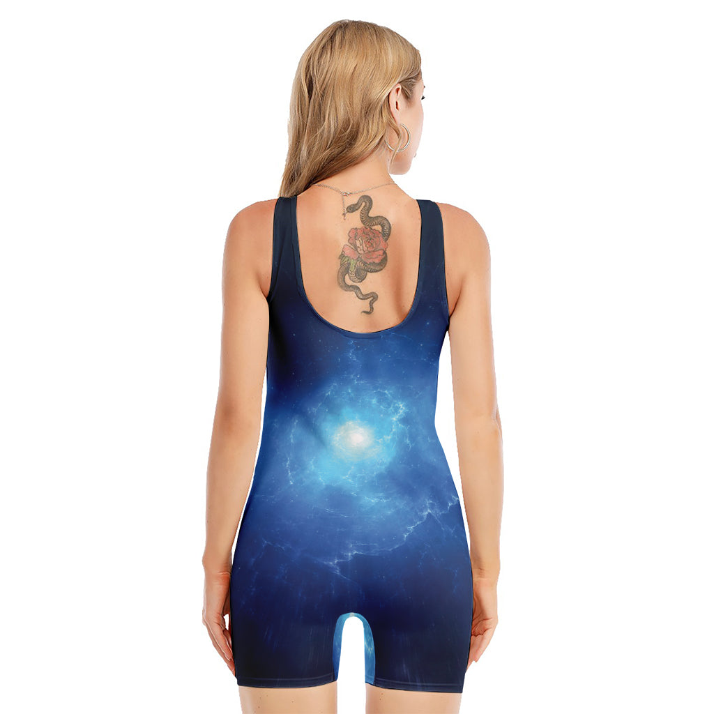 Light Blue Space Print Sleeveless One Piece Swimsuit