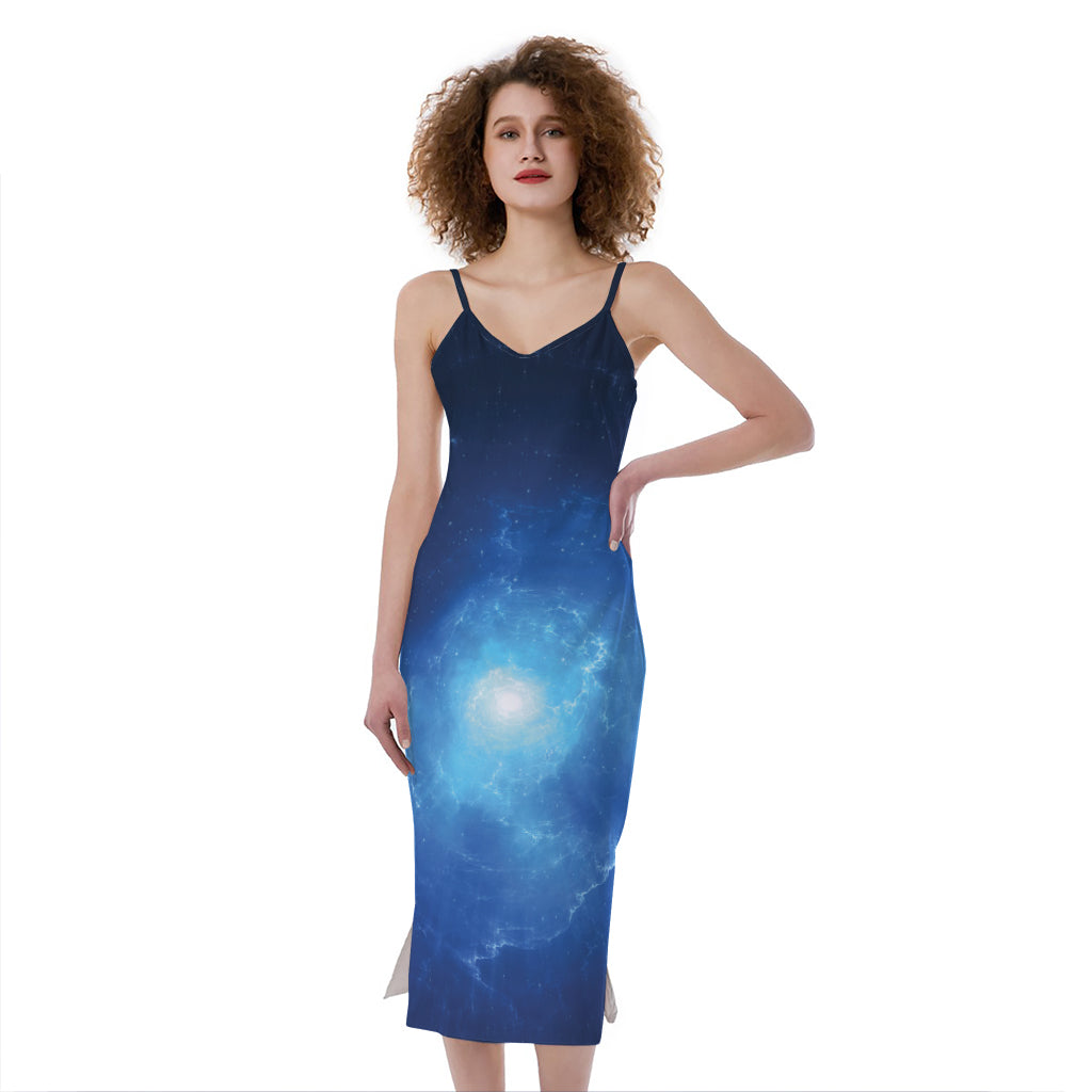 Light Blue Space Print Slim Fit Midi Cami Dress