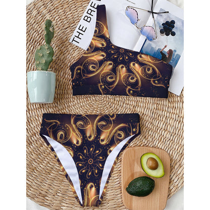 Light Fractal Print One Shoulder Bikini Top