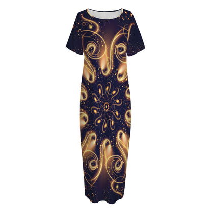 Light Fractal Print Short Sleeve Long Nightdress