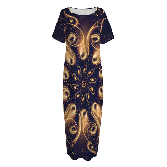 Light Fractal Print Short Sleeve Long Nightdress