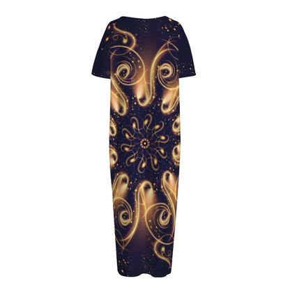 Light Fractal Print Short Sleeve Long Nightdress