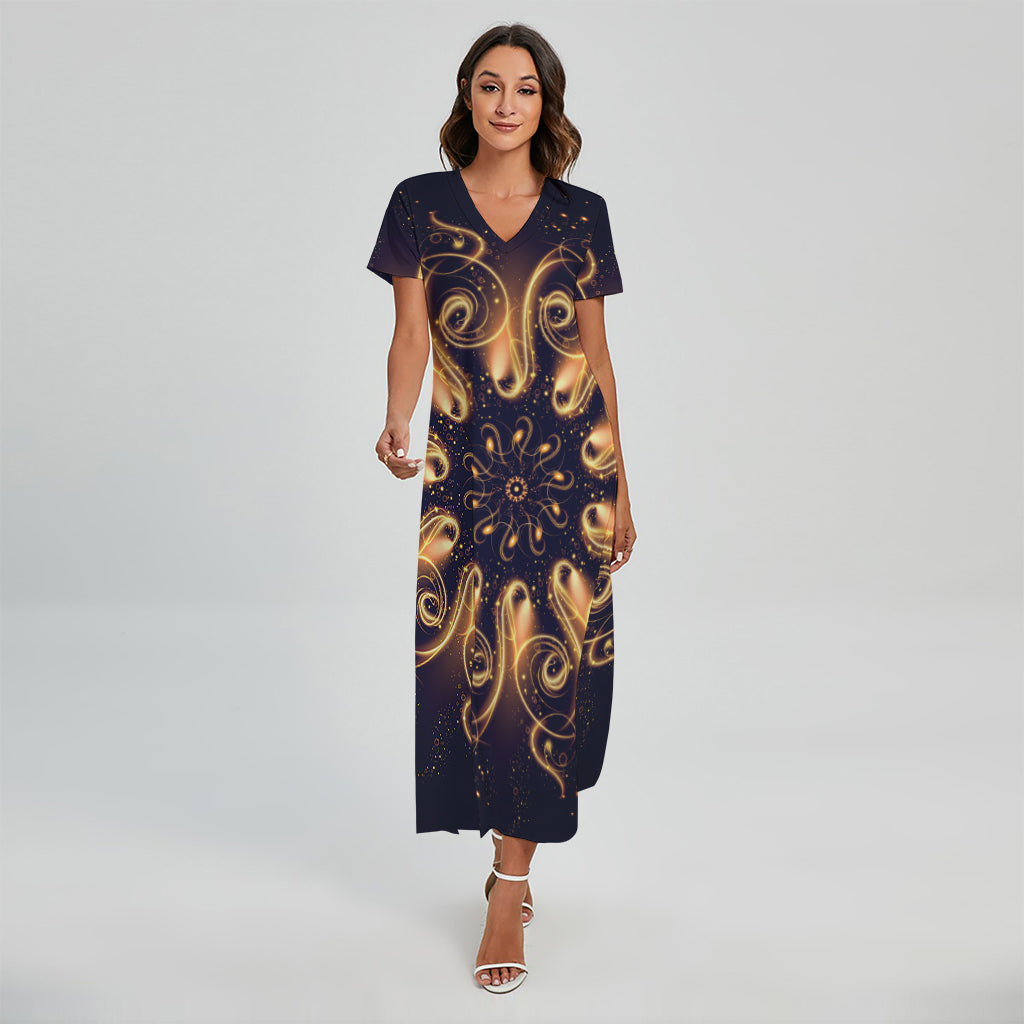 Light Fractal Print Short Sleeve Maxi Dress
