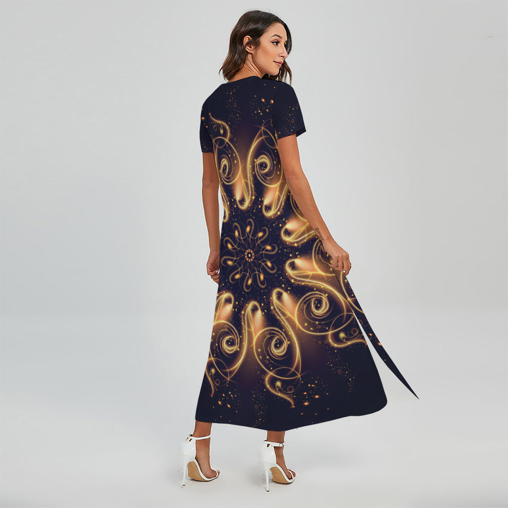 Light Fractal Print Short Sleeve Maxi Dress