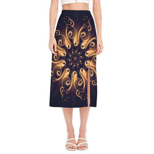Light Fractal Print Side Slit Midi Skirt