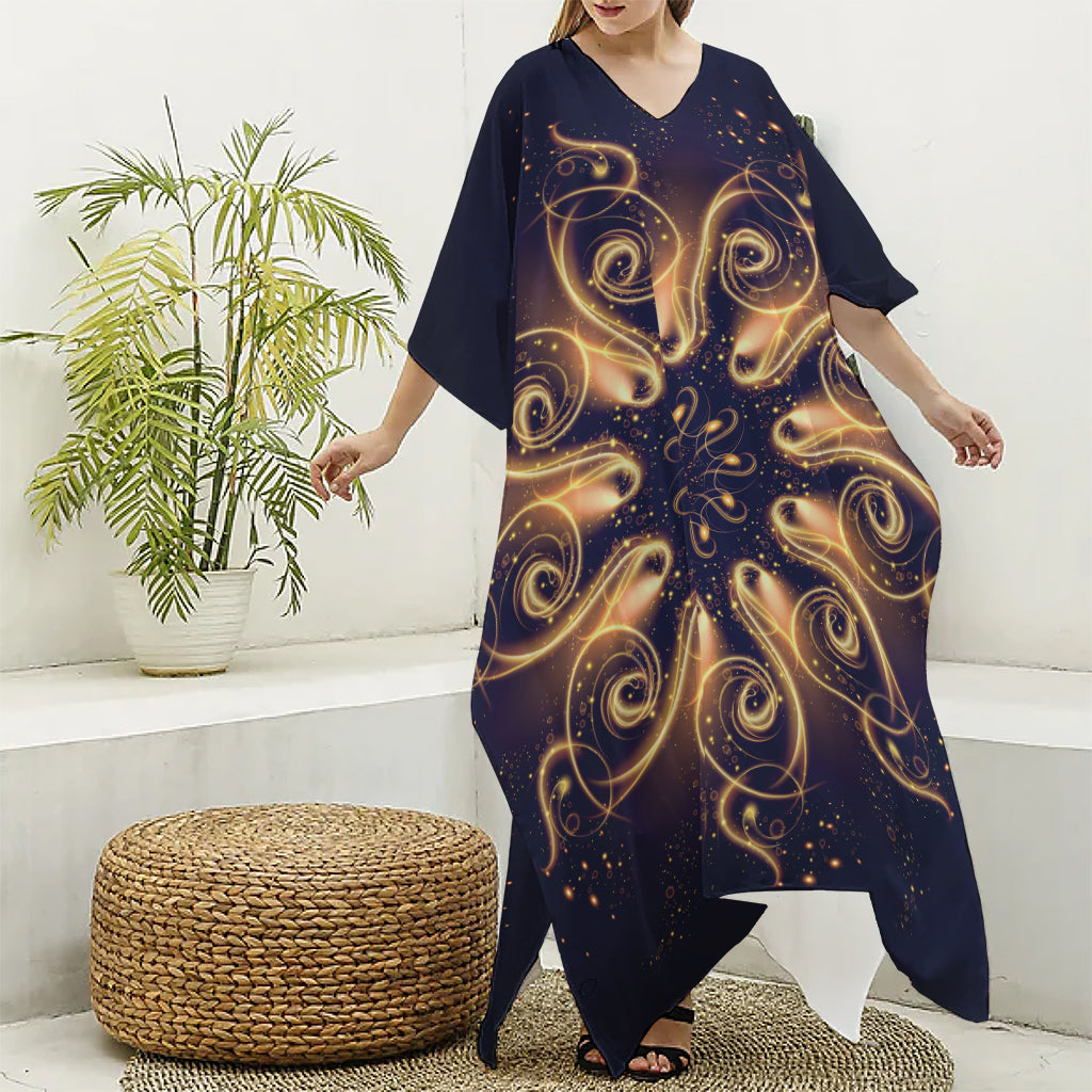 Light Fractal Print Silk V-Neck Kaftan Dress