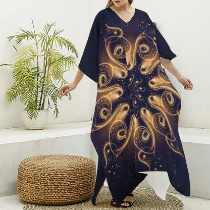 Light Fractal Print Silk V-Neck Kaftan Dress