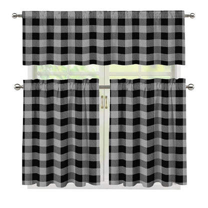 Light Grey And Black Buffalo Check Print 3 Piece Kitchen Curtains
