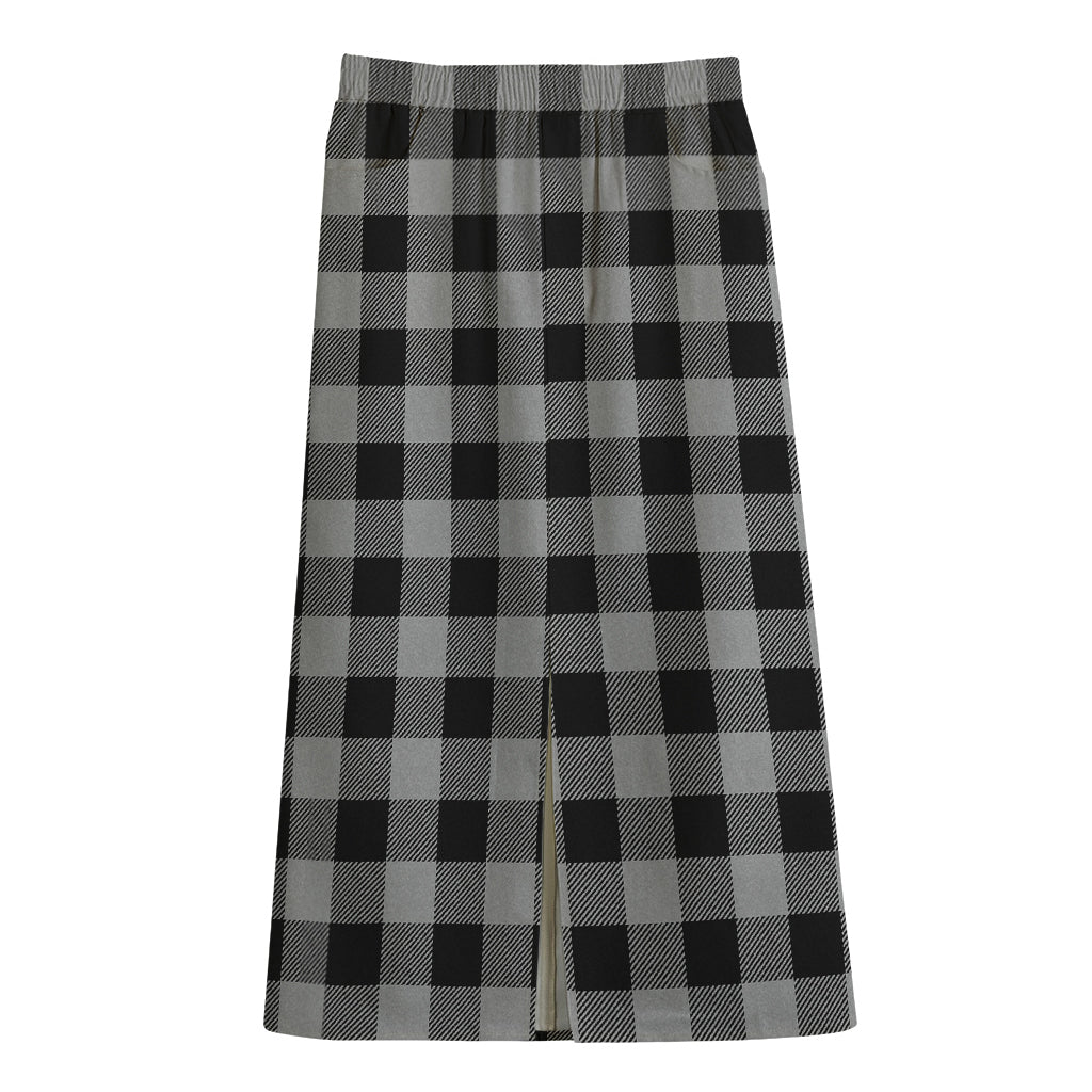 Light Grey And Black Buffalo Check Print Cotton Front Slit Maxi Skirt