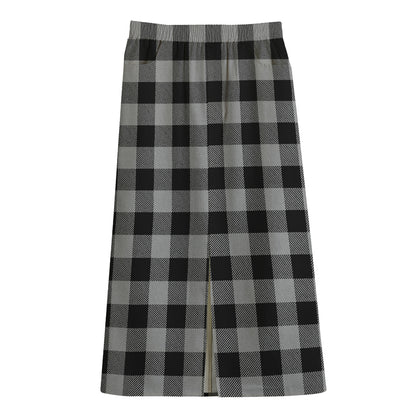 Light Grey And Black Buffalo Check Print Cotton Front Slit Maxi Skirt