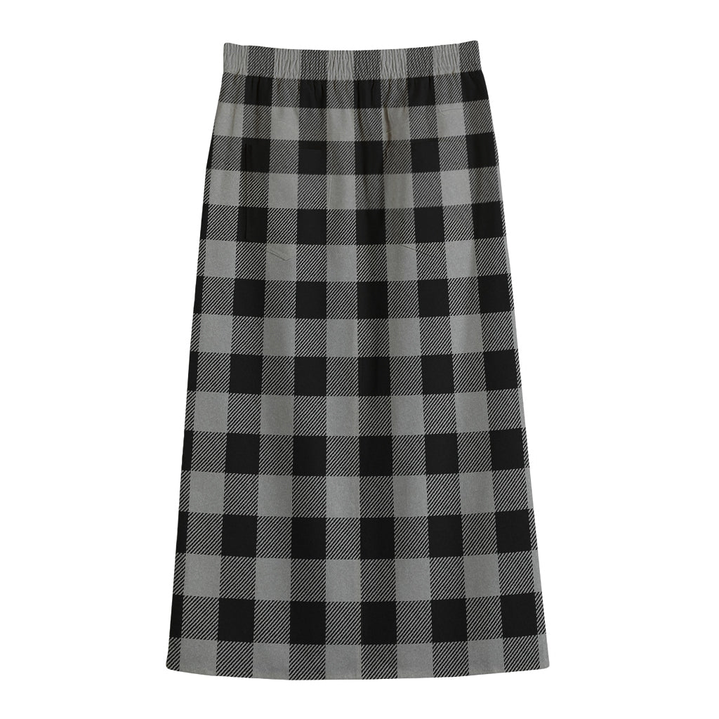 Light Grey And Black Buffalo Check Print Cotton Front Slit Maxi Skirt