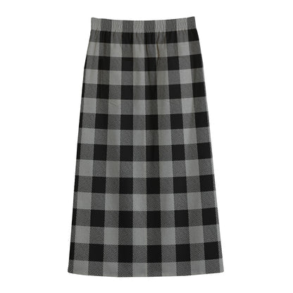 Light Grey And Black Buffalo Check Print Cotton Front Slit Maxi Skirt