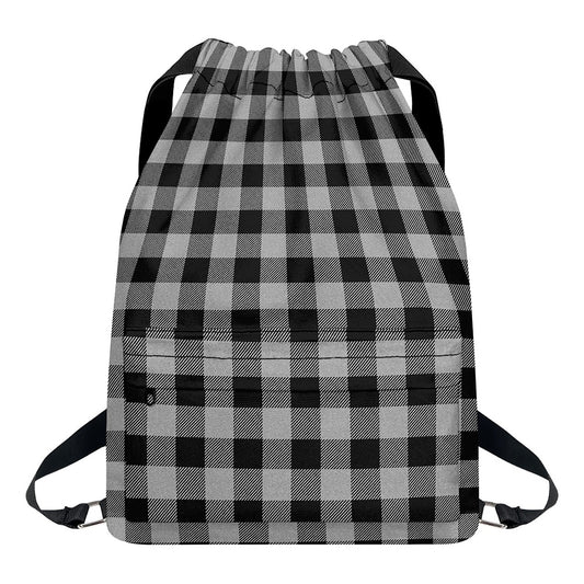Light Grey And Black Buffalo Check Print Drawstring Backpack