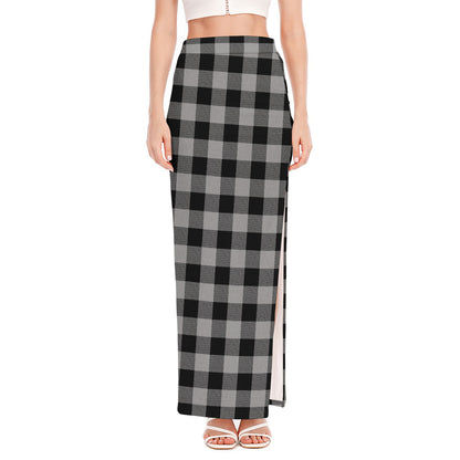 Light Grey And Black Buffalo Check Print High Slit Maxi Skirt