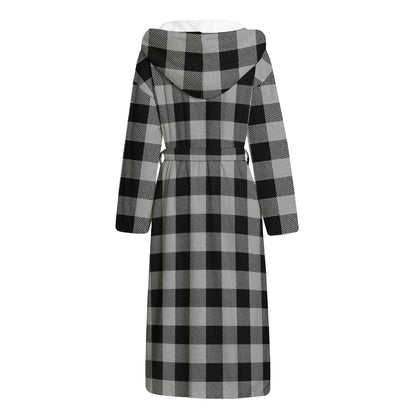 Light Grey And Black Buffalo Check Print Hooded Bathrobe