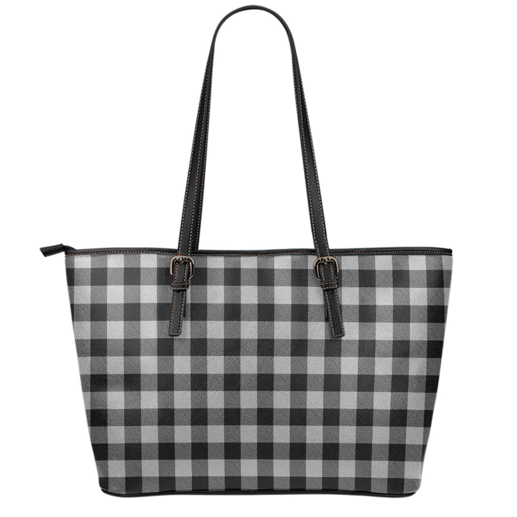Light Grey And Black Buffalo Check Print Leather Tote Bag
