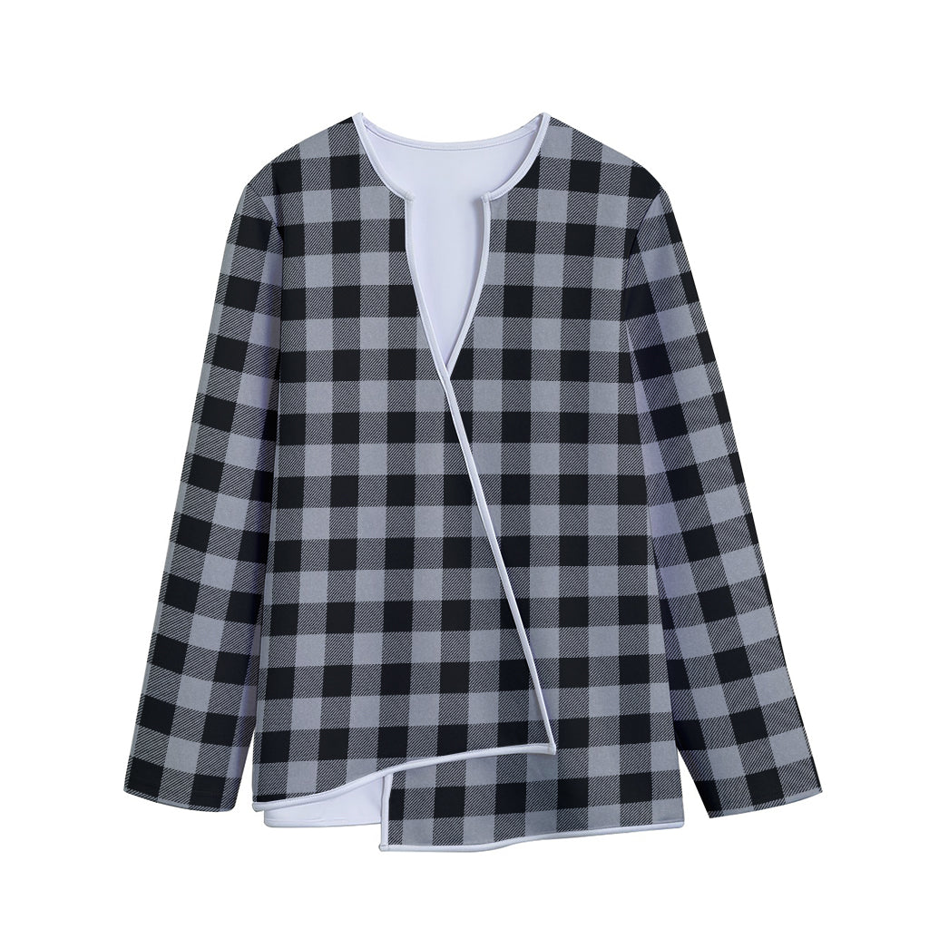 Light Grey And Black Buffalo Check Print Long Sleeve Short Coat