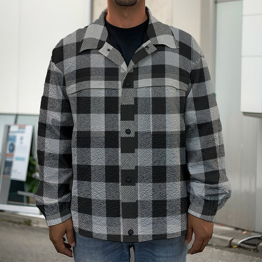 Light Grey And Black Buffalo Check Print Men's Shirt Jacket