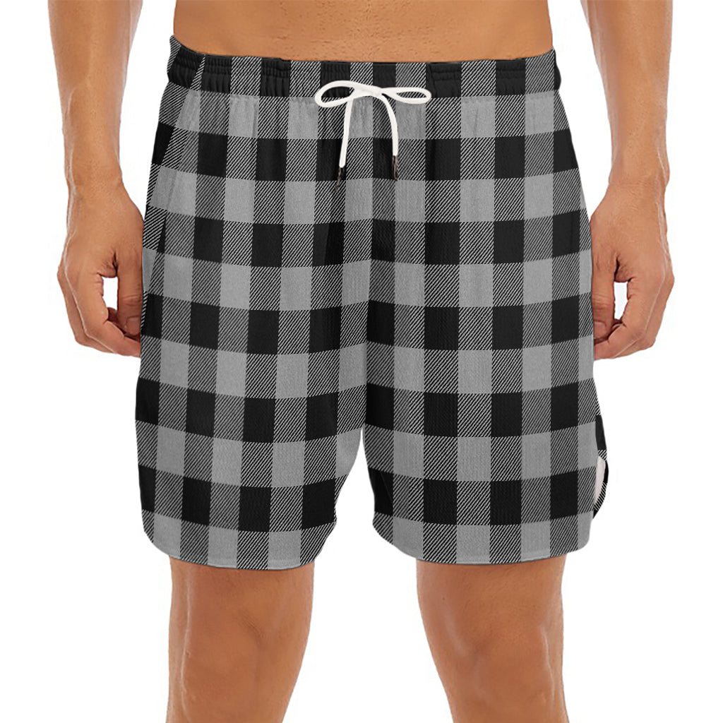 Light Grey And Black Buffalo Check Print Men's Split Running Shorts