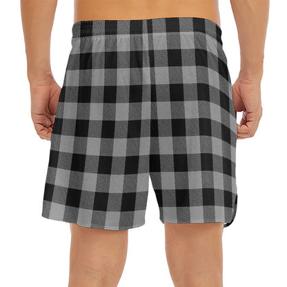 Light Grey And Black Buffalo Check Print Men's Split Running Shorts