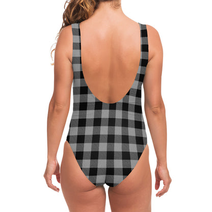 Light Grey And Black Buffalo Check Print One Piece Swimsuit