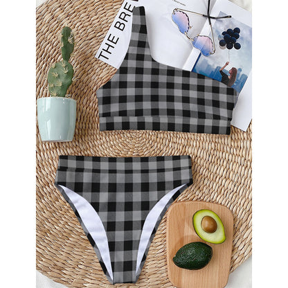Light Grey And Black Buffalo Check Print One Shoulder Bikini Top