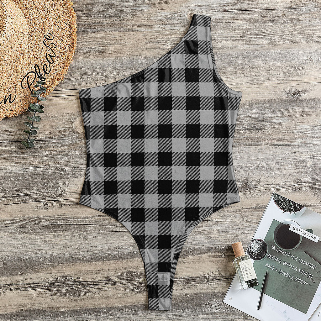 Light Grey And Black Buffalo Check Print One Shoulder Bodysuit