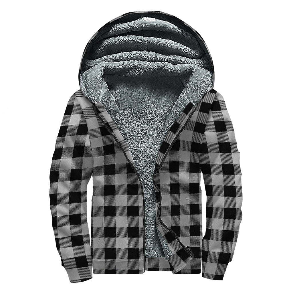 Light Grey And Black Buffalo Check Print Sherpa Lined Zip Up Hoodie