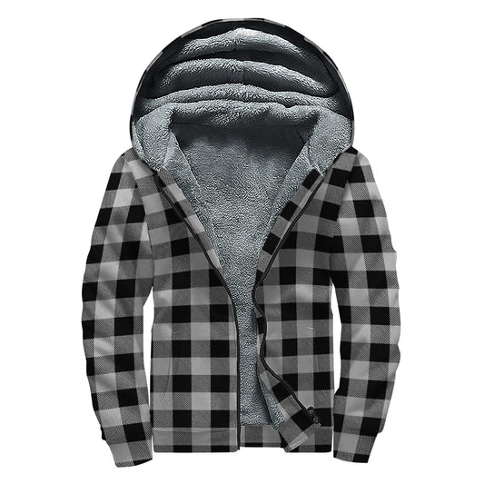 Light Grey And Black Buffalo Check Print Sherpa Lined Zip Up Hoodie