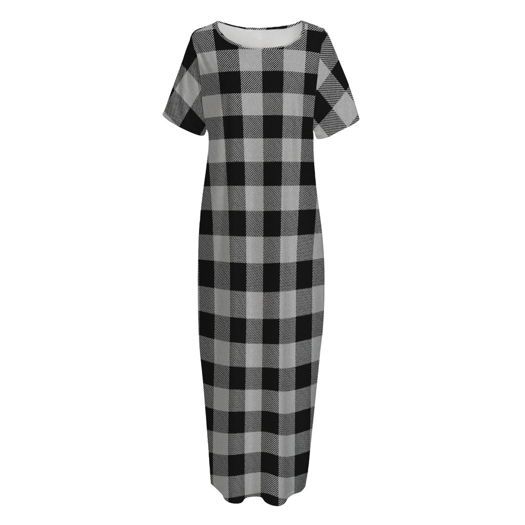 Light Grey And Black Buffalo Check Print Short Sleeve Long Nightdress