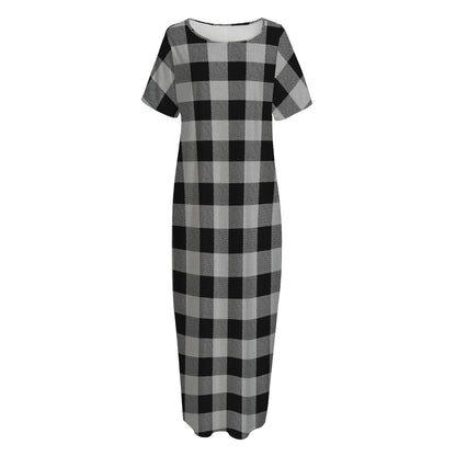 Light Grey And Black Buffalo Check Print Short Sleeve Long Nightdress