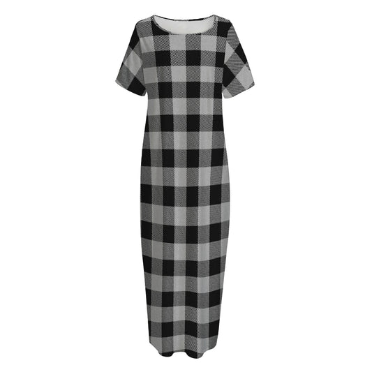 Light Grey And Black Buffalo Check Print Short Sleeve Long Nightdress
