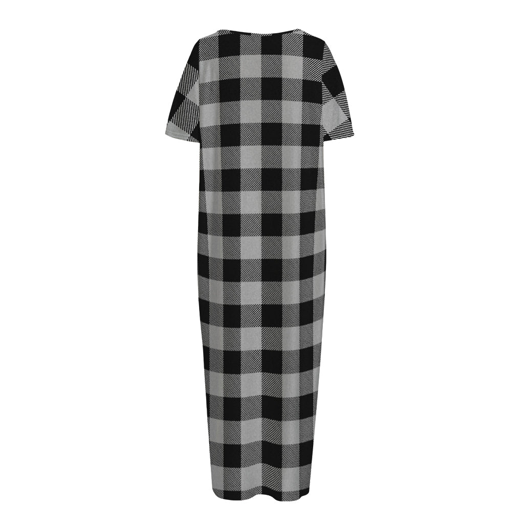 Light Grey And Black Buffalo Check Print Short Sleeve Long Nightdress