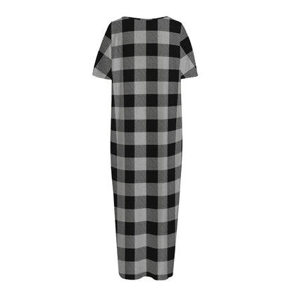 Light Grey And Black Buffalo Check Print Short Sleeve Long Nightdress