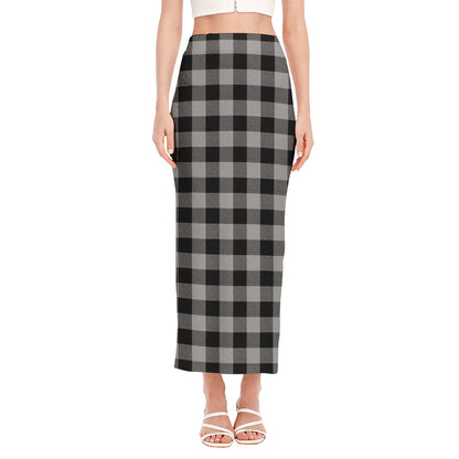 Light Grey And Black Buffalo Check Print Side Slit Maxi Skirt