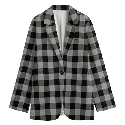 Light Grey And Black Buffalo Check Print Women's Cotton Blazer