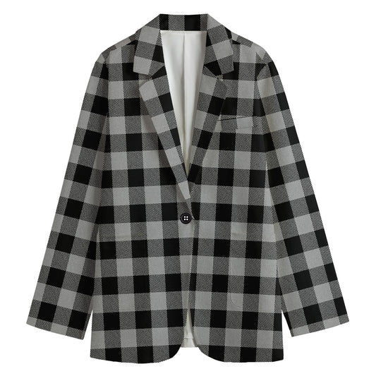 Light Grey And Black Buffalo Check Print Women's Cotton Blazer