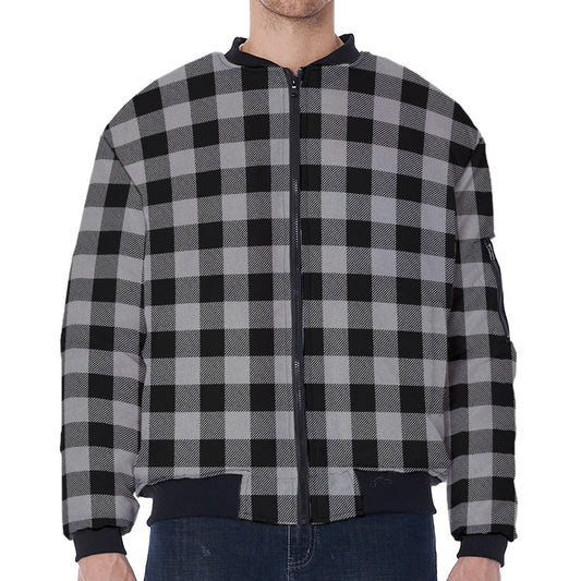 Light Grey And Black Buffalo Check Print Zip Sleeve Bomber Jacket