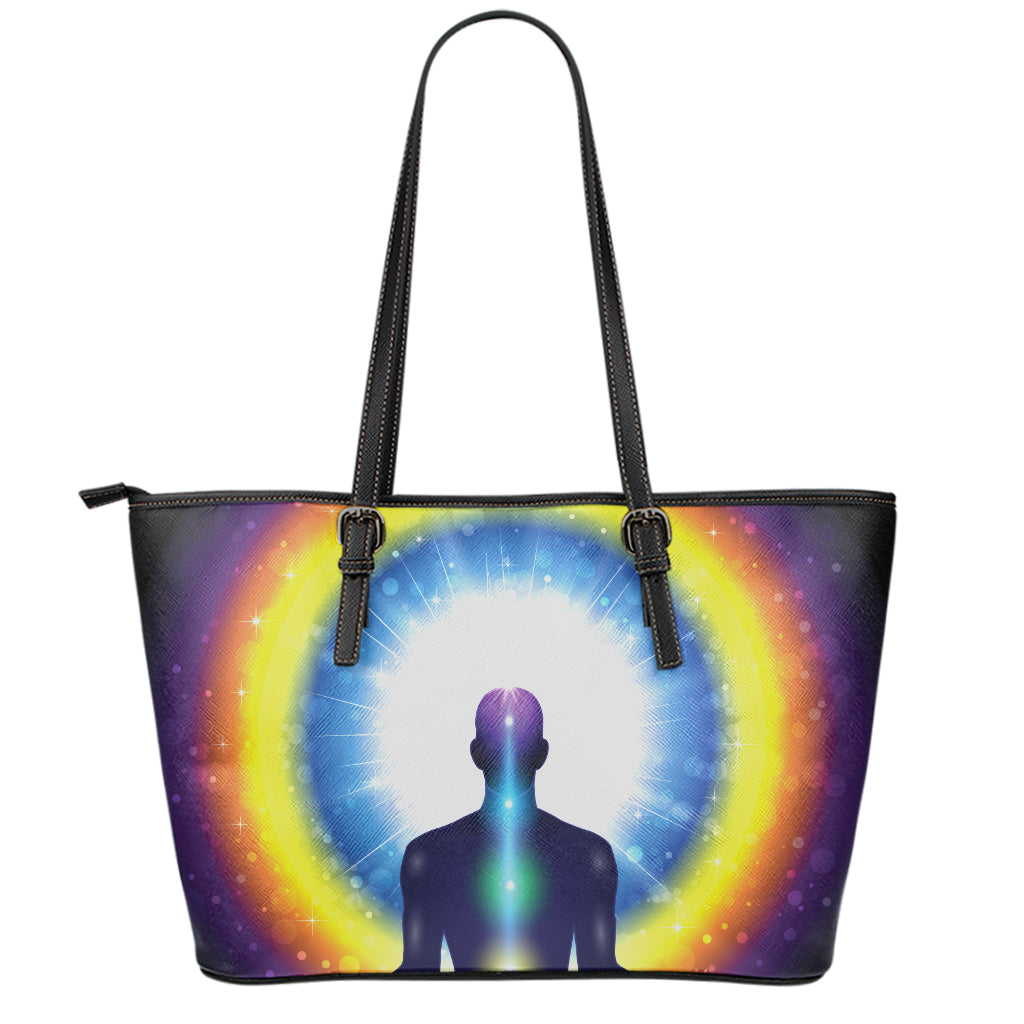 Light Of Seven Chakras Print Leather Tote Bag