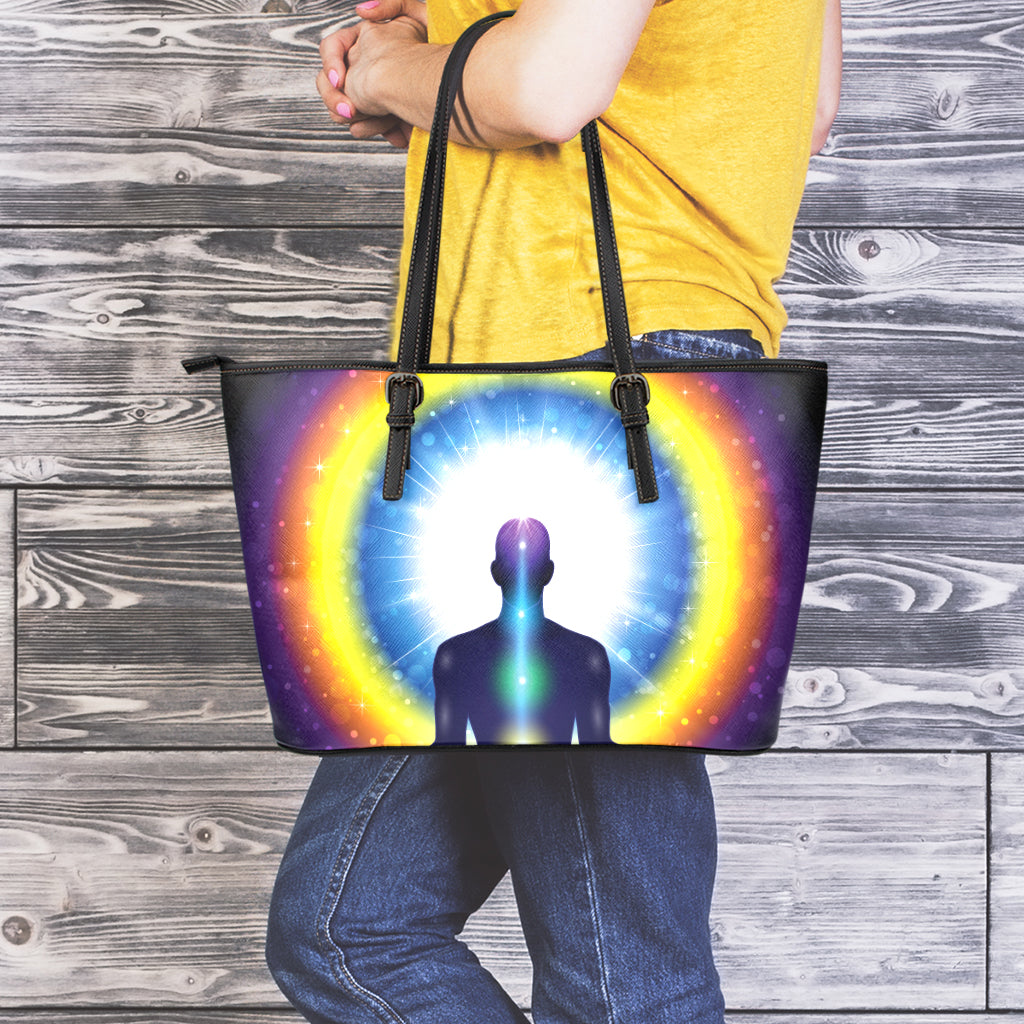 Light Of Seven Chakras Print Leather Tote Bag