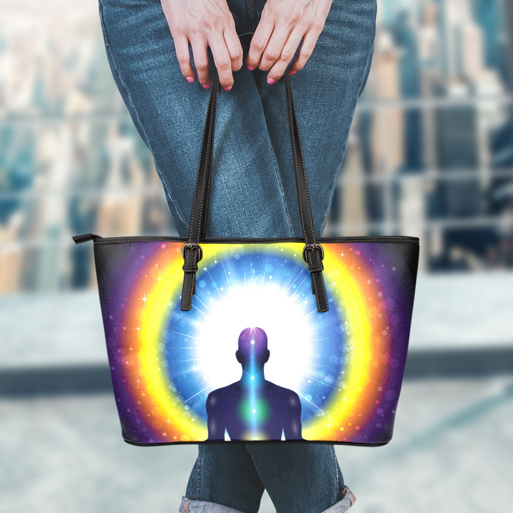Light Of Seven Chakras Print Leather Tote Bag