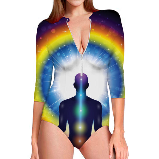 Light Of Seven Chakras Print Long Sleeve Swimsuit