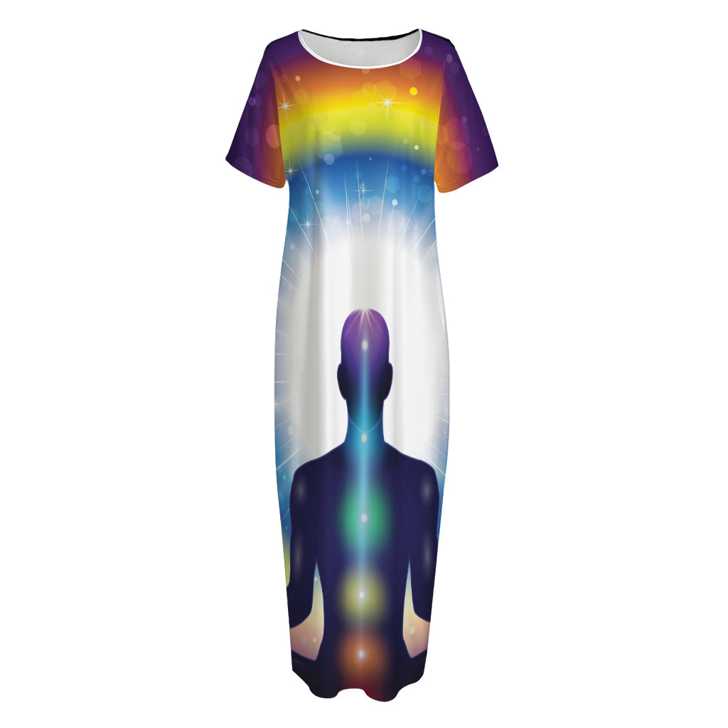 Light Of Seven Chakras Print Short Sleeve Long Nightdress