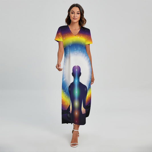 Light Of Seven Chakras Print Short Sleeve Maxi Dress