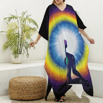 Light Of Seven Chakras Print Silk V-Neck Kaftan Dress