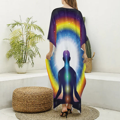 Light Of Seven Chakras Print Silk V-Neck Kaftan Dress