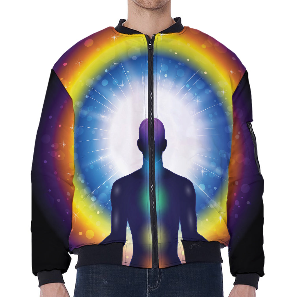 Light Of Seven Chakras Print Zip Sleeve Bomber Jacket