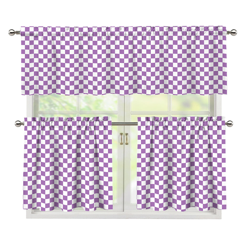 Light Purple And White Checkered Print 3 Piece Kitchen Curtains